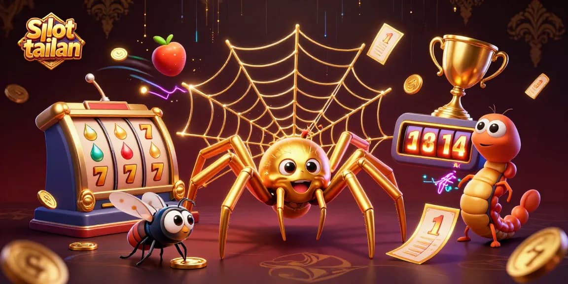 Spin to win at slot tailan, featuring a golden spider and a lucky fly betting on slot reels.