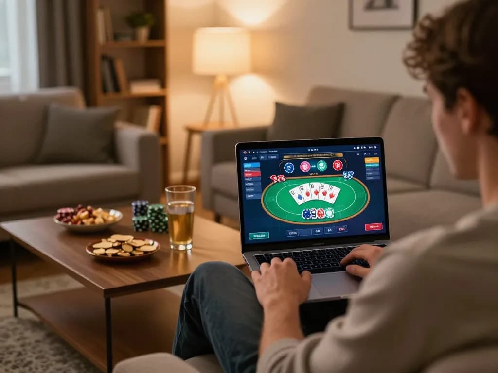 Playing casino games via Link FB88 on a laptop in a cozy home setting
