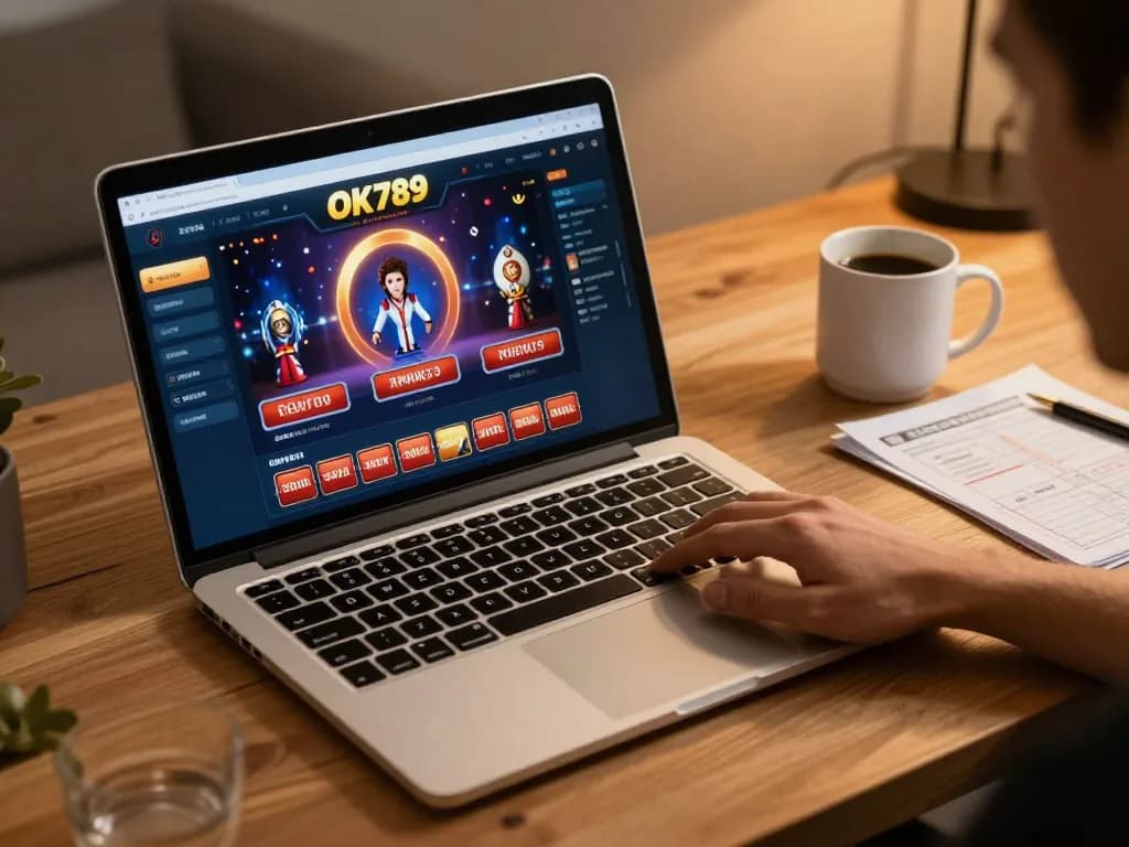 Engaging online gaming experience at OK789 casino with a sleek laptop and strategy notes.