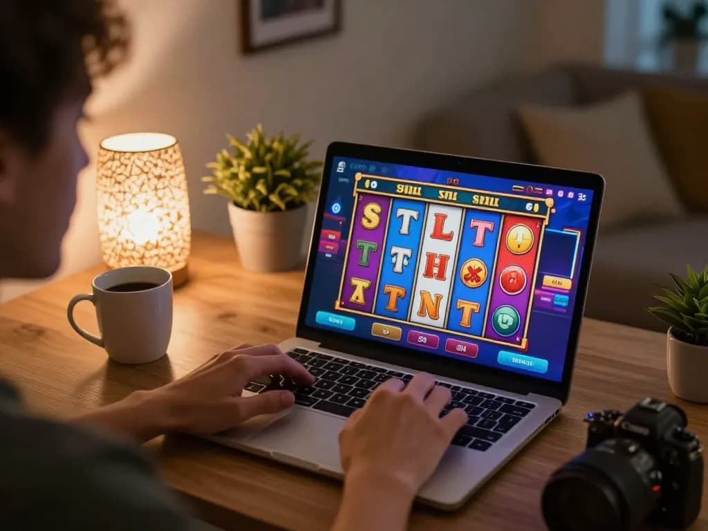 Engaging in a vibrant Gori77 slot game on a laptop, showcasing responsible gaming in a cozy home setting.