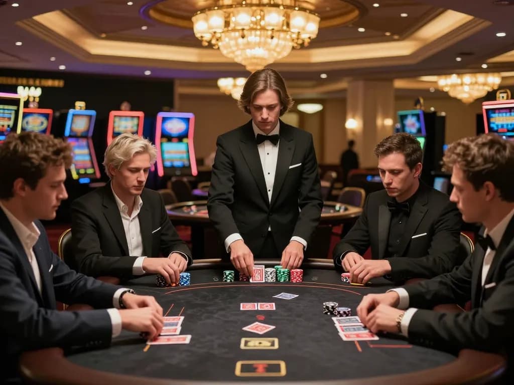 Players strategizing at vipwin blackjack table in a luxurious casino atmosphere.