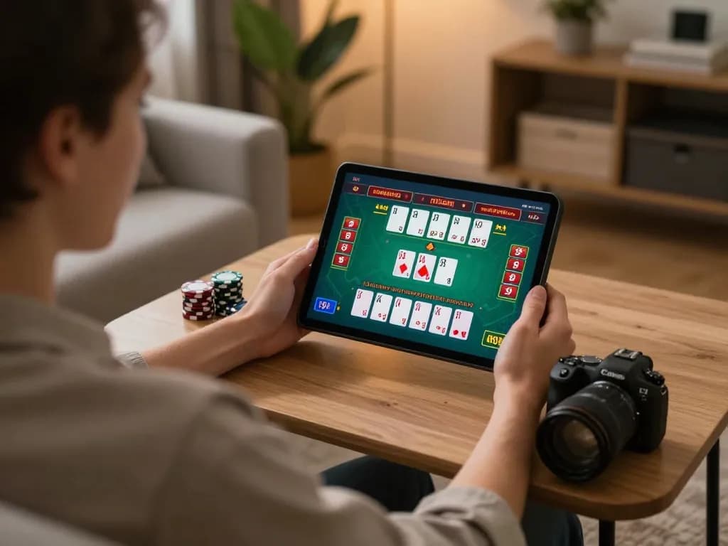 Engaging in online blackjack with yowesjp on a tablet in a cozy living room setting
