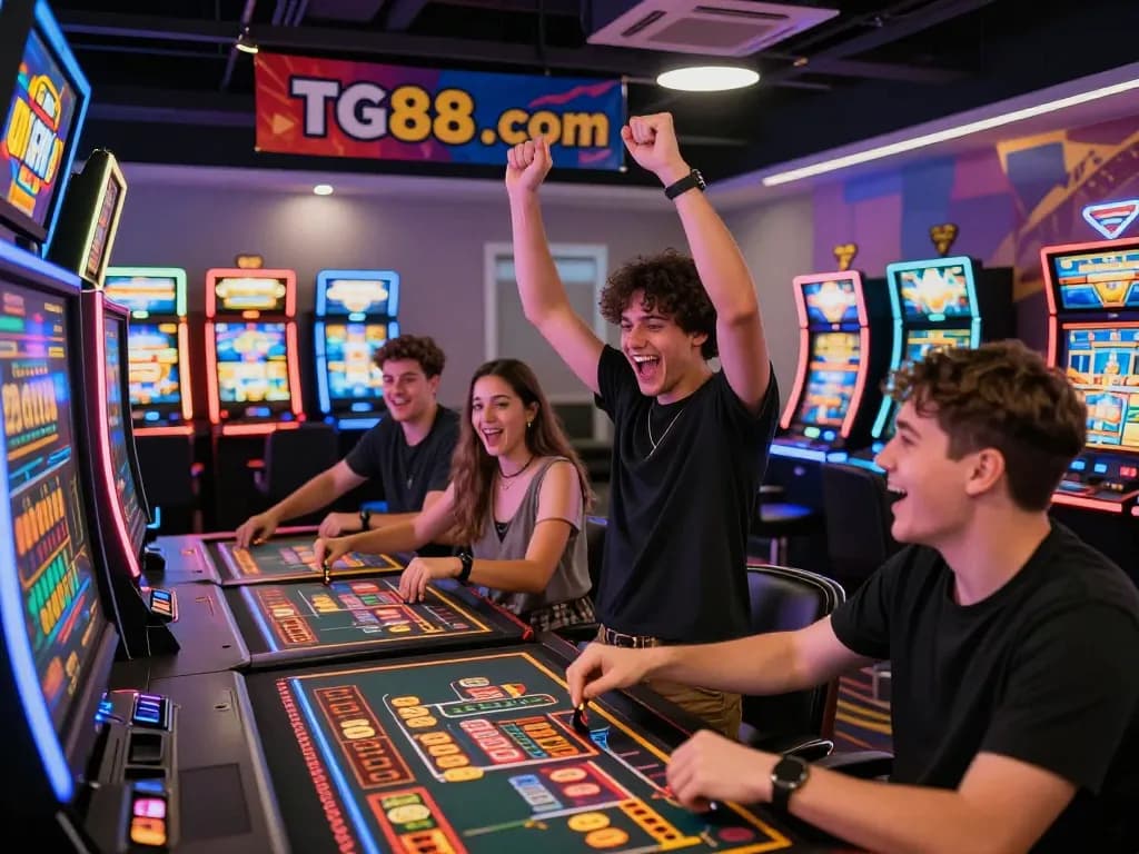 Thriving gaming atmosphere at TG88 .com with friends enjoying casino games, showcasing vibrant lights and excitement.