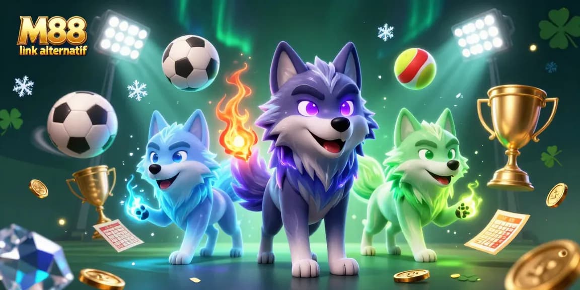 Engage in M88 link alternatif with dynamic sports betting action, featuring glowing wolves and vibrant elements.