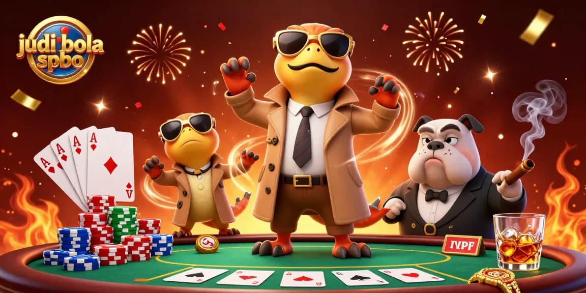 Engage in judi bola spbo betting with raptors in a trench coat and a bouncer, surrounded by poker elements.