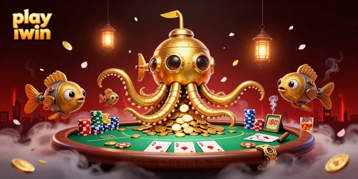 Play iwin with an exciting scene featuring a golden kraken submarine and poker elements.