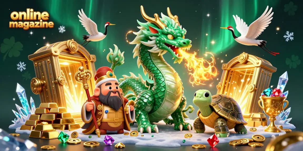 Engage with our online magazine showcasing a jade dragon and lucky cranes amidst casino treasures.