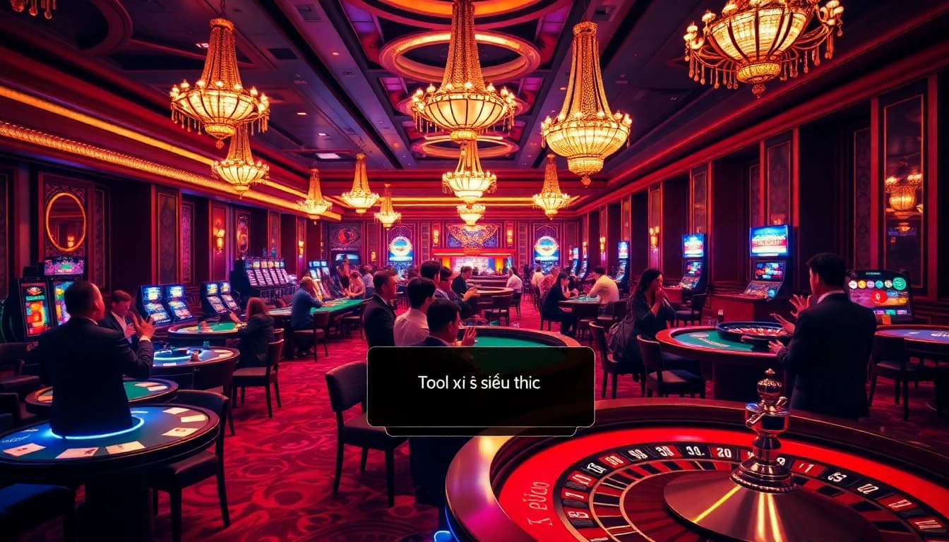 Engaged gamblers using the Tool xổ số siêu tốc to enhance their chances, surrounded by vibrant casino decor.