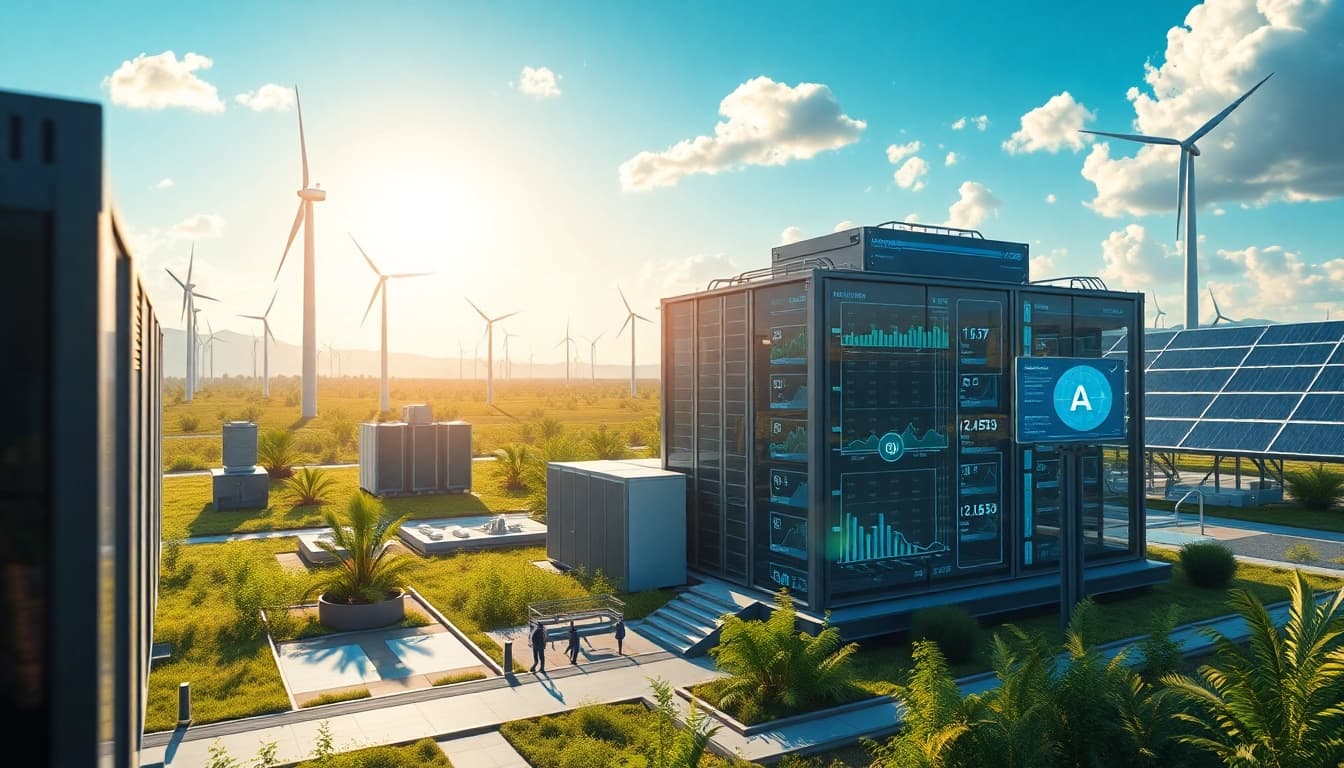 Dynamic aerial view of a cloud mining site focusing on renewable energy sources and AI-driven technology.