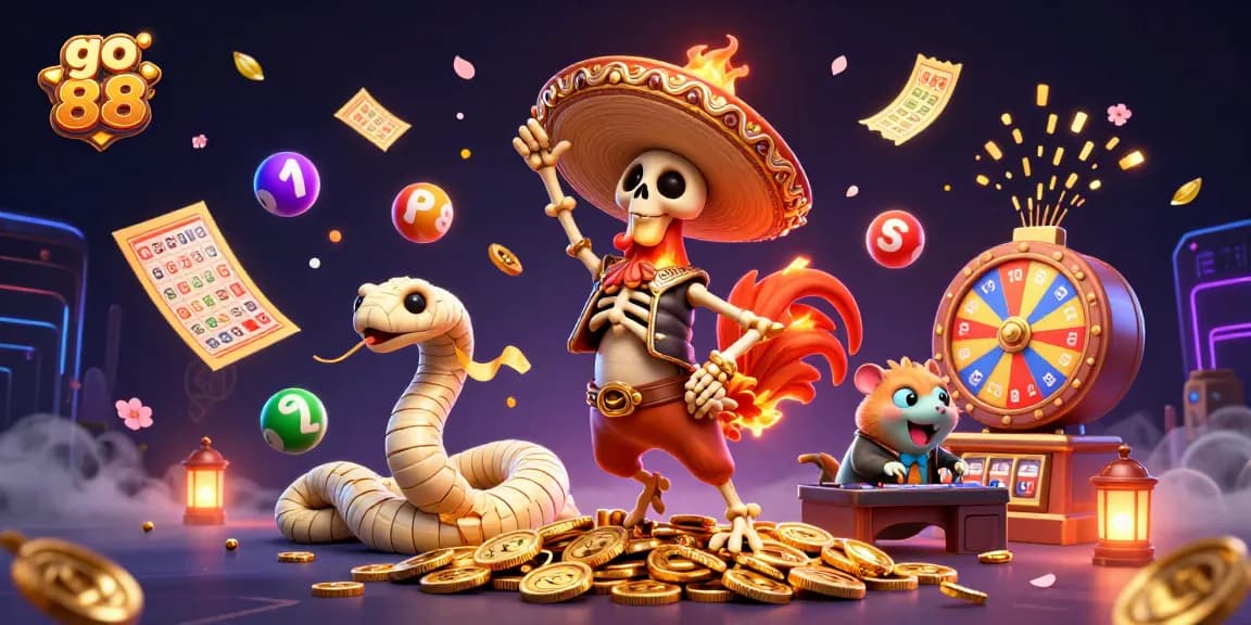 Join the celebration at go 88 with lively characters dancing around a vibrant lottery scene.
