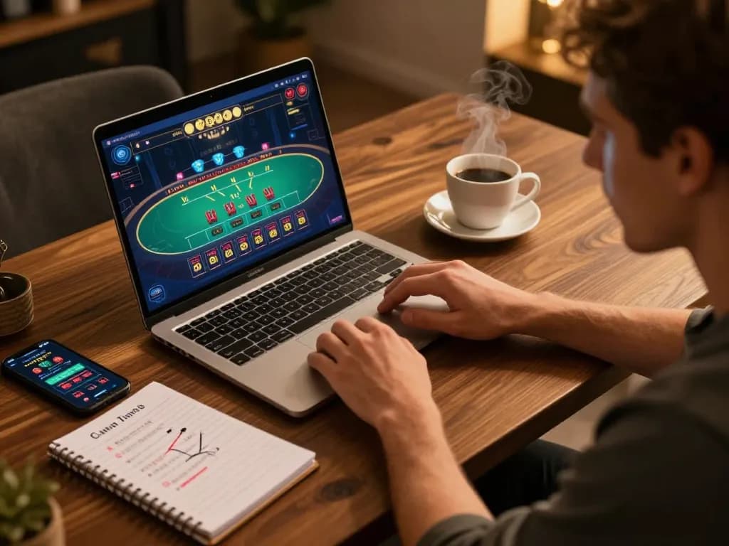 Player enjoying F8BET COM live blackjack on a sleek laptop at home, showing strategic gameplay.