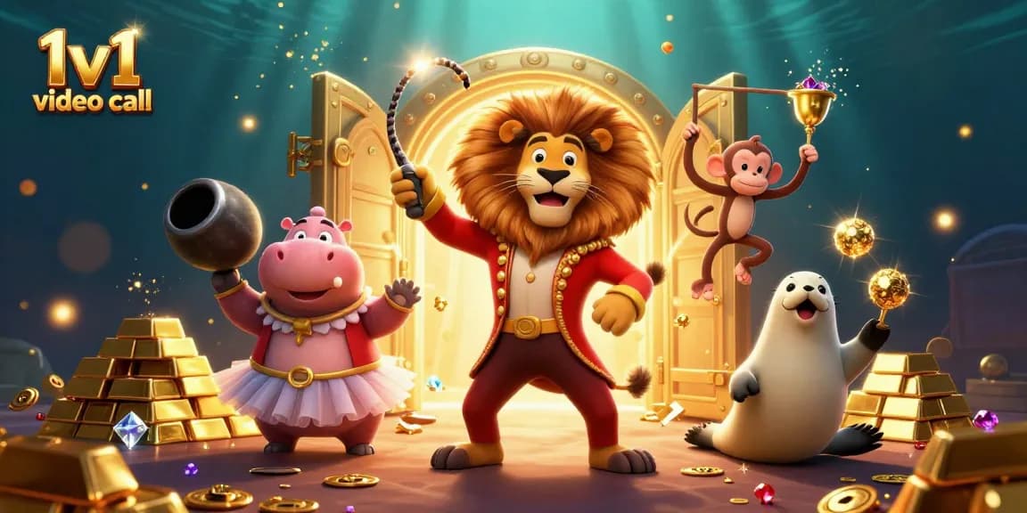 Engage in thrilling 1v1 video call experiences with interactive characters in a vibrant casino scene.
