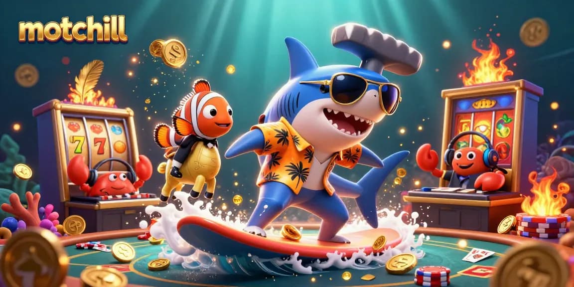 Stream and win big at motchill with a vibrant underwater casino illustration featuring an adventurous hammer-head shark.