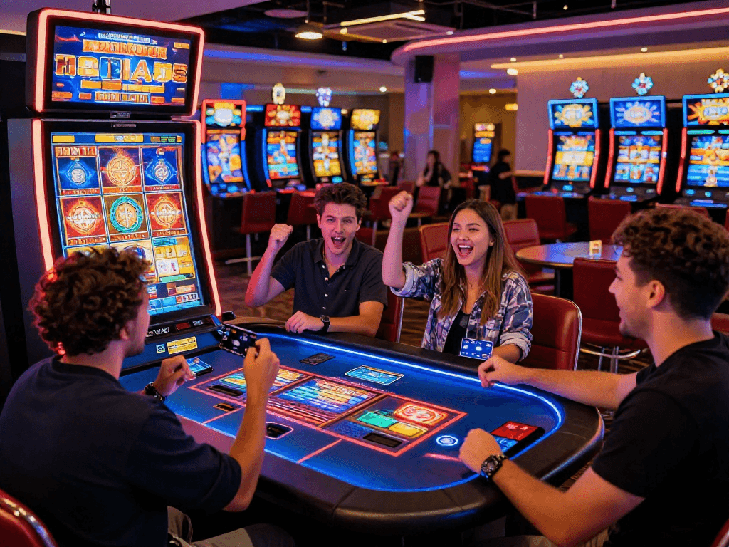 Players enjoying slots that accept credit cards in a vibrant online casino atmosphere, showcasing excitement and camaraderie.