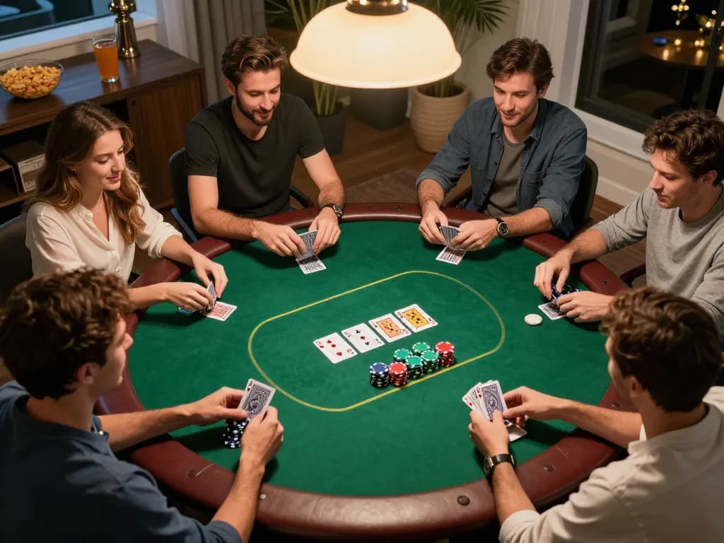 Players enjoying a lively poker game night at home, showcasing the excitement of situs 1k strategies and social engagement.