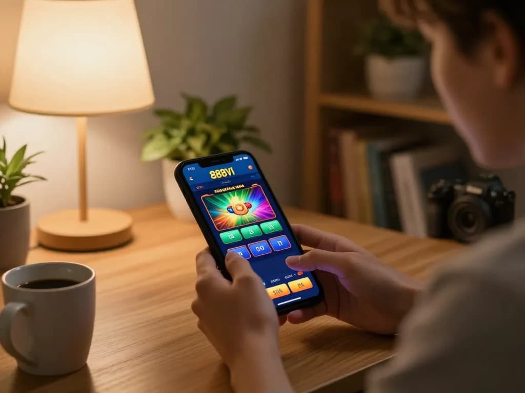 Playing from the trang chủ 888VI app on a mobile device in a cozy home setting.