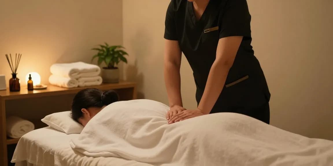 마사지 테라피가 진행되는 아늑한 치료실의 모습으로, 편안한 분위기와 자연 요소가 잘 어우러져 있습니다.