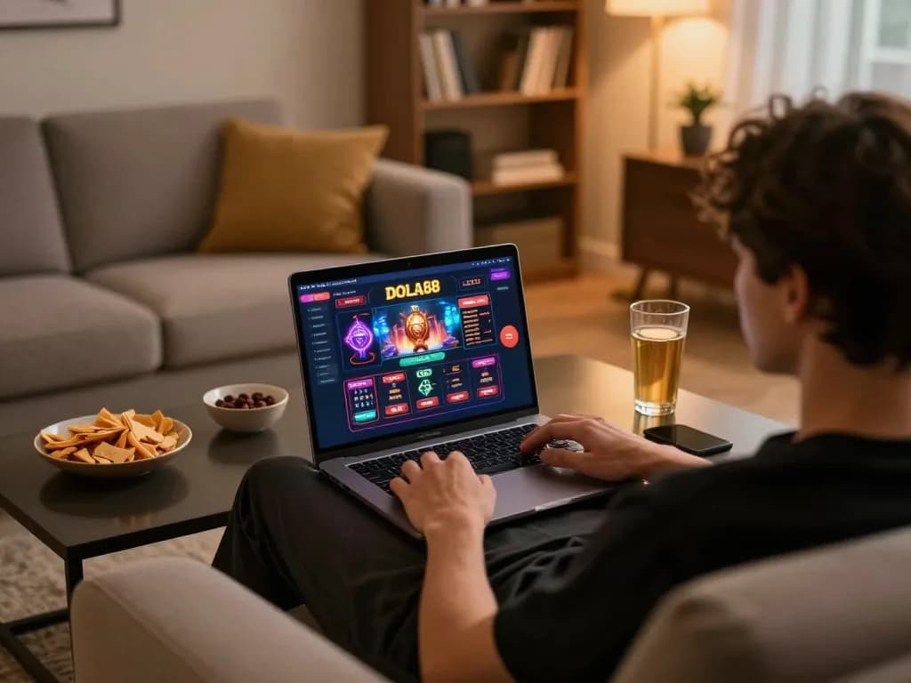 DOLA88 player enjoying interactive gaming experience on a laptop at home.