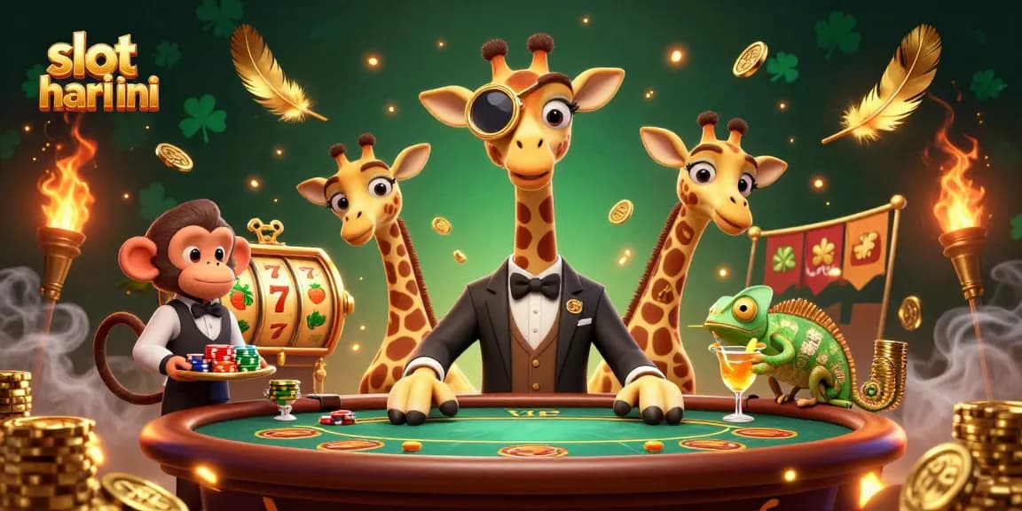 Menyaksikan keseruan slot hari ini dengan girafe penggulung tinggi, monyet valet, dan chameleon bartender di kasino
