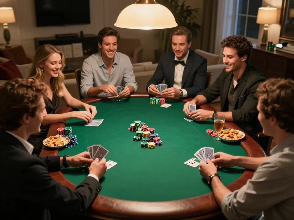 Friends playing Texas Hold'em poker during a lively home game night with 33CC cards and chips.