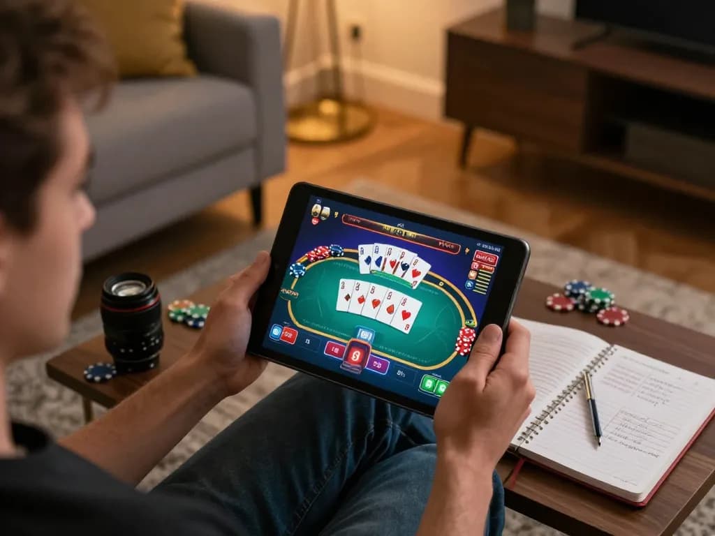 Player enjoying poker on 678vip app in cozy living room with strategic betting and a warm atmosphere.