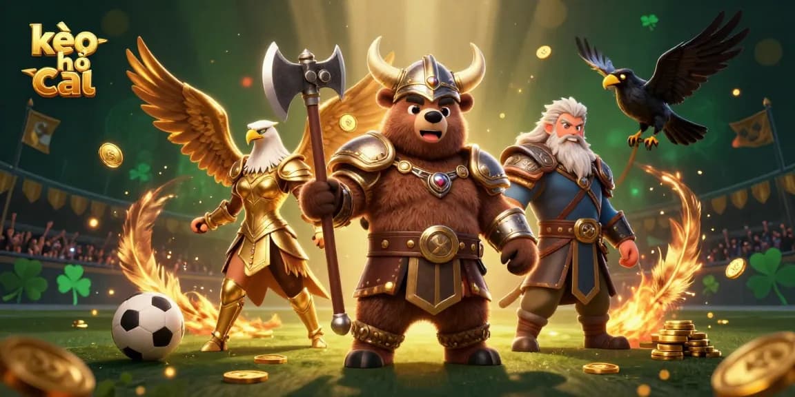 Experience dynamic sports betting action with kèo nhà cái in an ultra-detailed 3D scene featuring Viking and eagle characters.