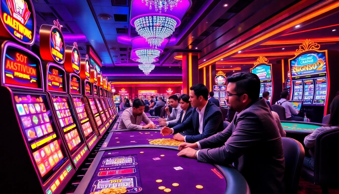 Nikmati kegembiraan slot deposit pulsa tanpa potongan dengan adegan kasino yang hidup penuh pemain yang terlibat.