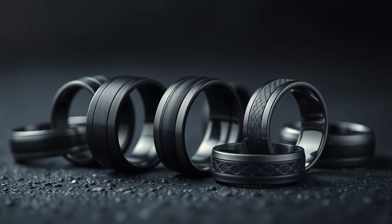 Showcasing elegant Black Wedding Rings for Men with varying textures and styles.