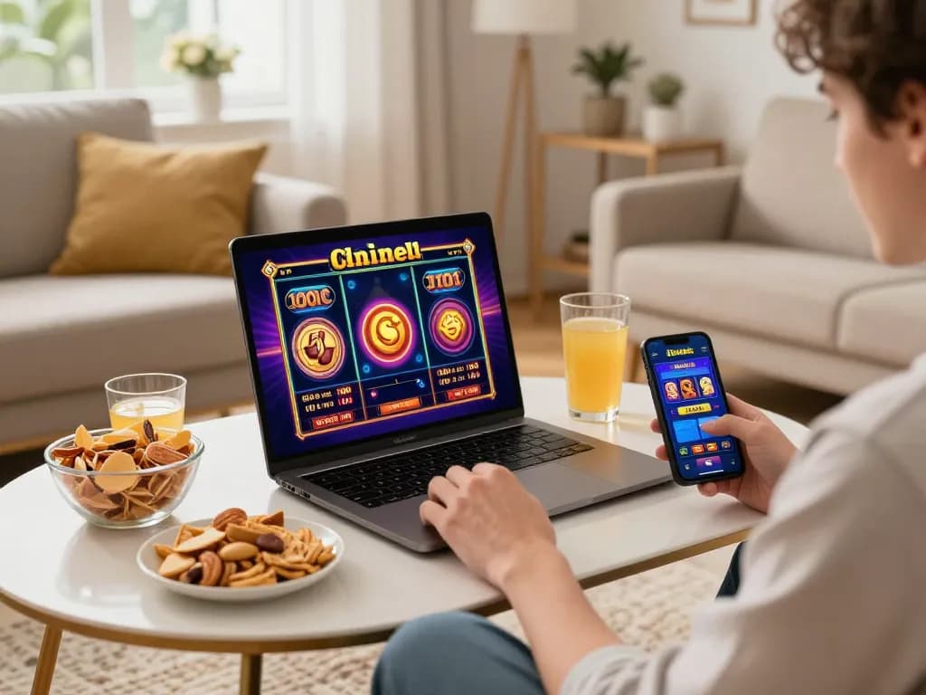 Enjoying an online slot demo game while tracking strategies in a cozy living room.