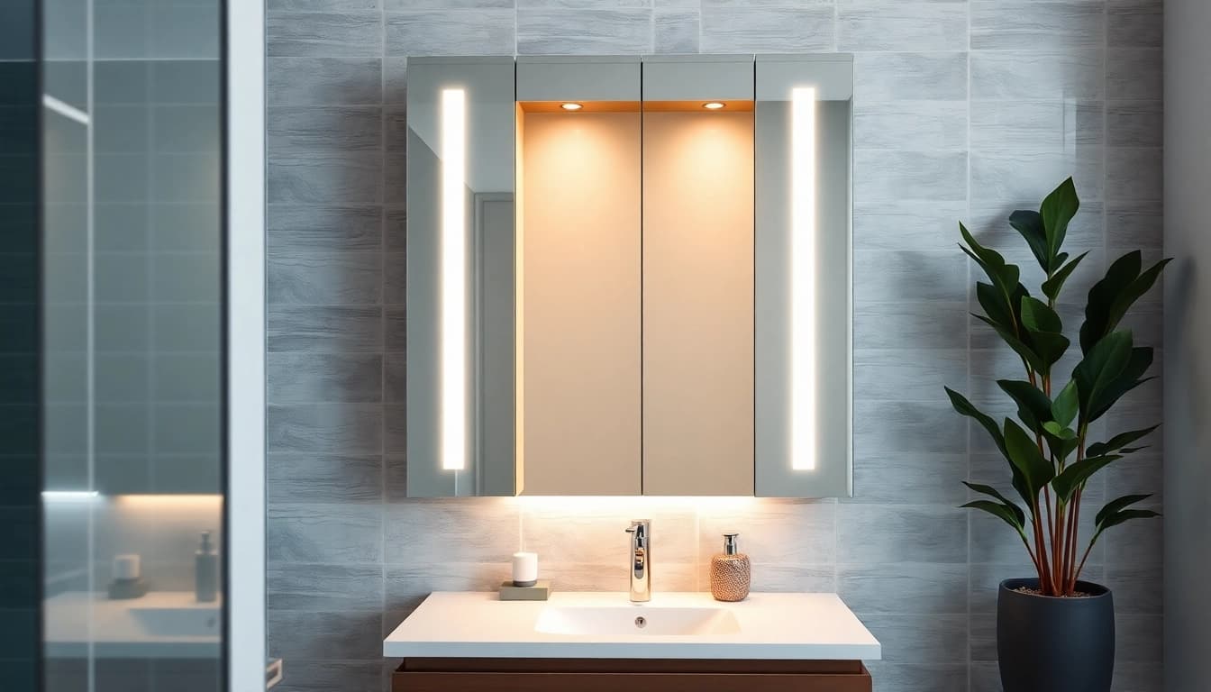 Verwenden Sie den sonni Spiegelschrank mit elegantem Design und LED-Beleuchtung in einem modernen Badezimmer.