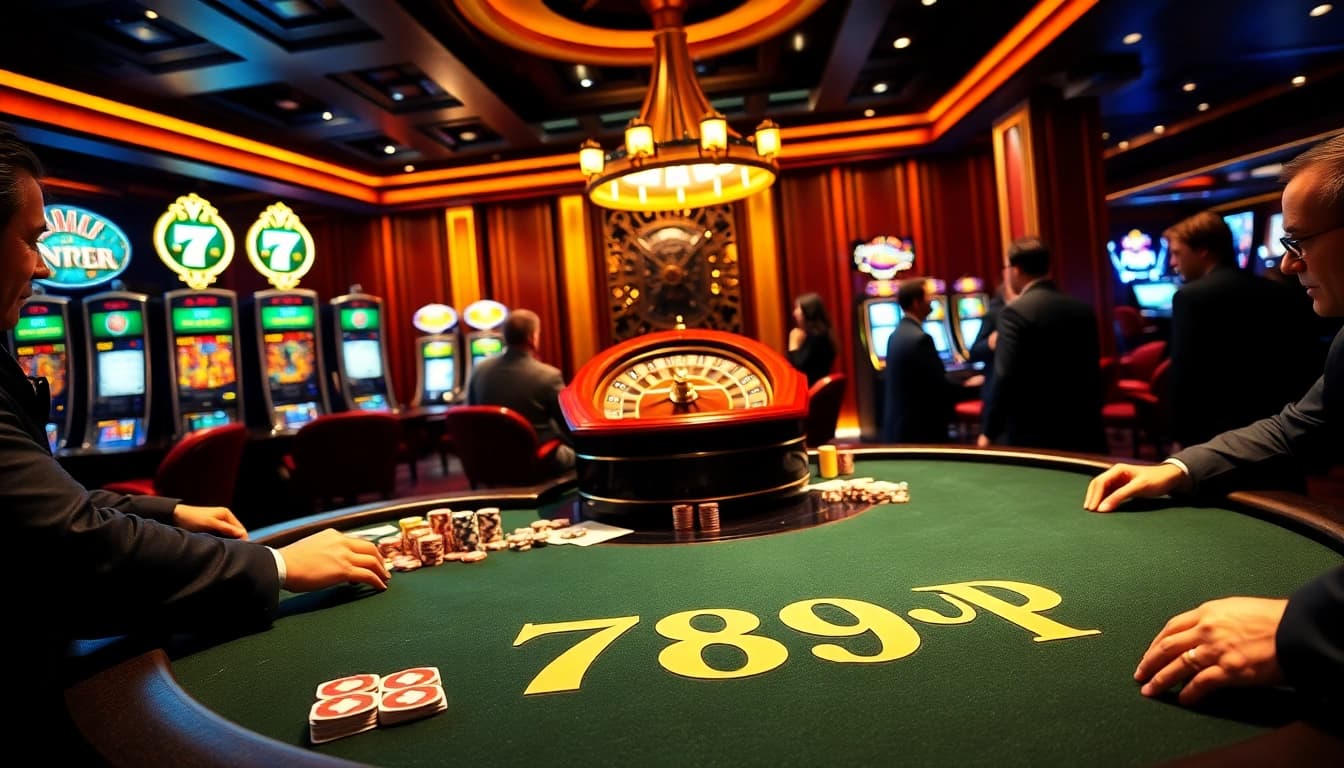 A captivating casino scene showcasing 789P poker action with vibrant chips and glowing roulette.