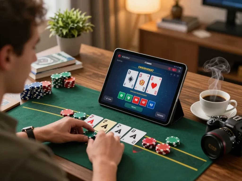 Pemain merencanakan strategi blackjack di tablet kasino online 88Pulsa, diambil di kantor rumah yang nyaman