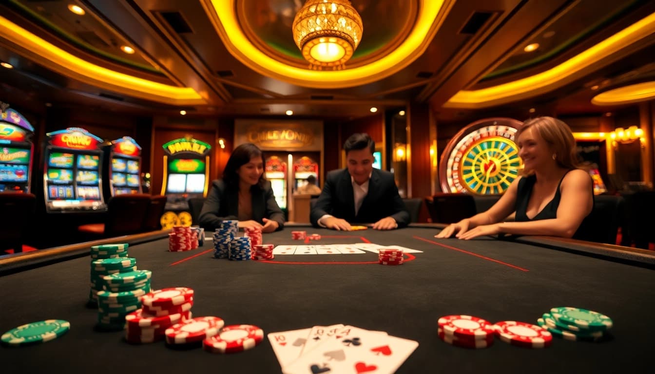 Ikuti permainan menarik di situs idn poker dengan chip poker yang cerah dan latar belakang kasino yang mewah.