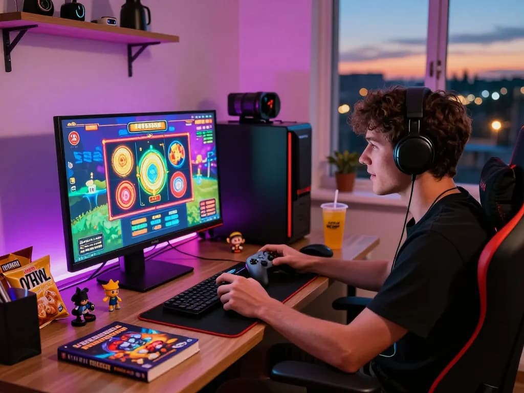 Immersive vegasslot77 gaming scene with player engaged at a colorful slot game monitor.