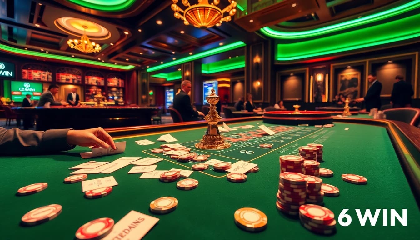 Engage with thrilling casino action at 56WIN featuring poker tables, roulette wheels, and vibrant betting activities.