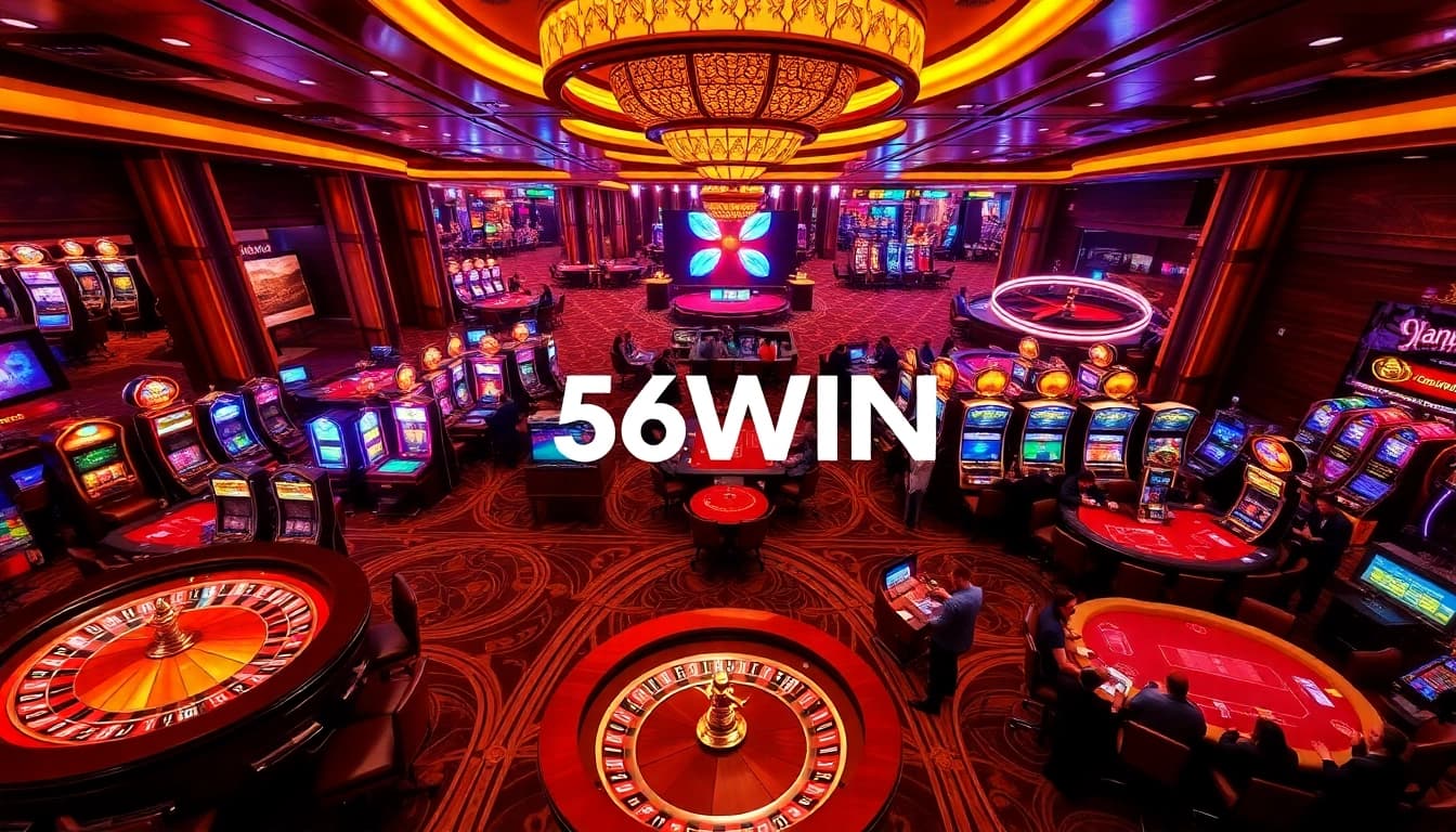 Excited gamblers enjoying the vibrant atmosphere of 56WIN casino games.