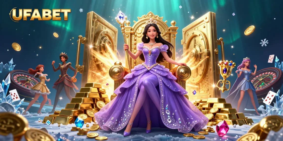 Engage with UFABET's vibrant gaming universe, showcasing slots, cards, and a stunning royal character.