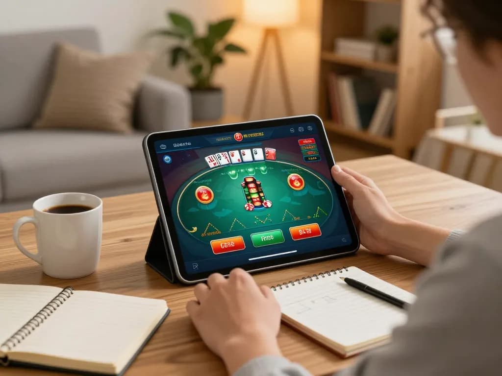 Engaging in online poker with rikvip on a tablet at home, showcasing casual gaming atmosphere.