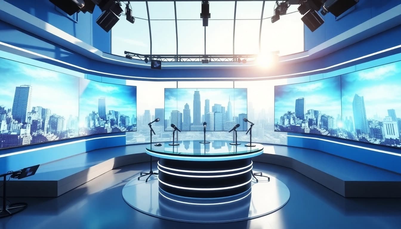 Delivering news from a modern studio with screens showcasing latest headlines.