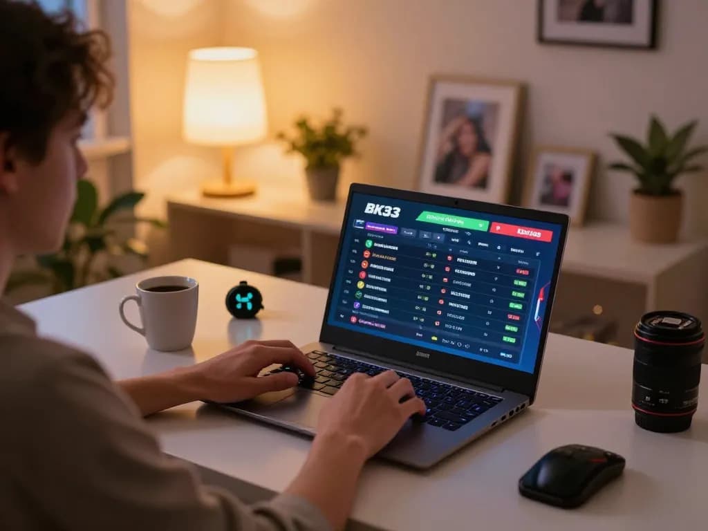 Engaging player betting on BK33 with laptop in cozy home setting, illustrating online gambling