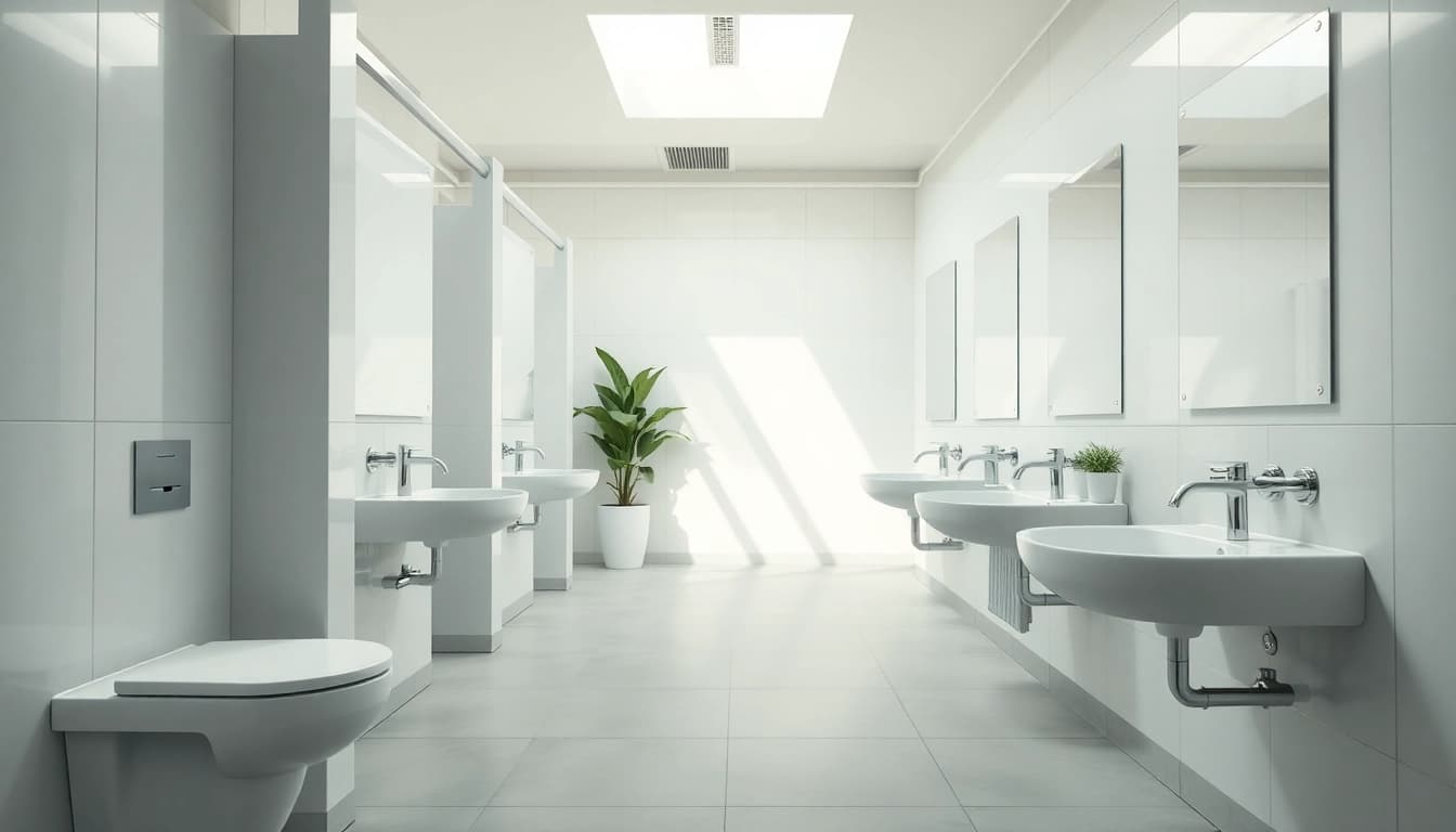 Illustration of commercial toilet refurbishment showcasing modern facilities and clean design.