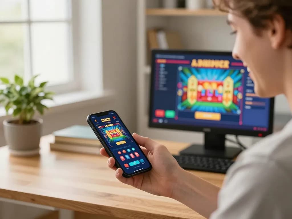 Excited player using 32win mobile casino app in cozy home setup for responsible gaming.