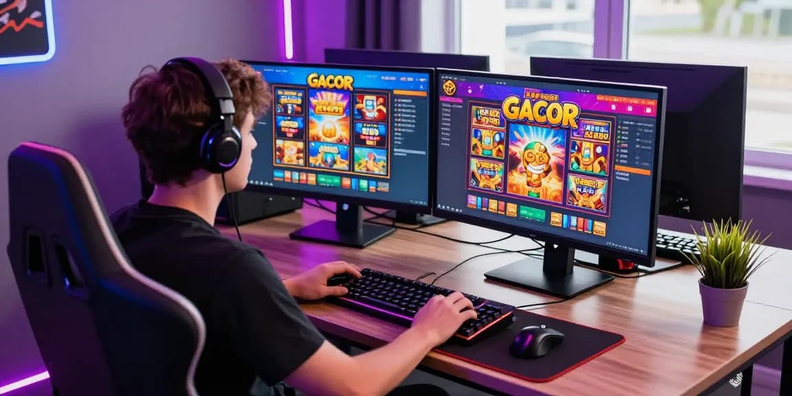 Exciting slot gacor gaming experience with player at dual monitors showcasing vibrant graphics in a modern gaming setup.