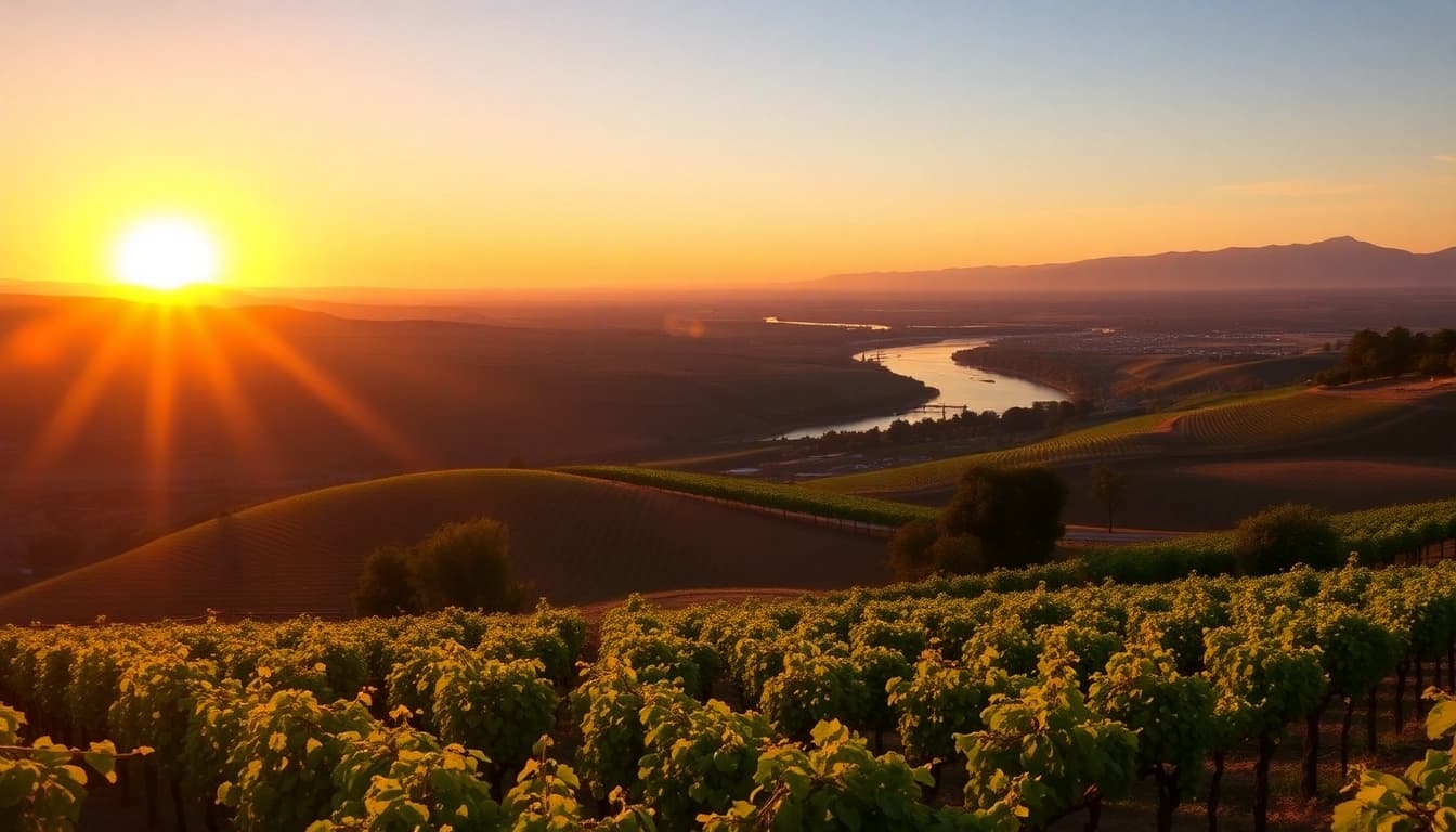 Captivating landscape of Clarksburg California showcasing vineyards and a serene river at sunset.