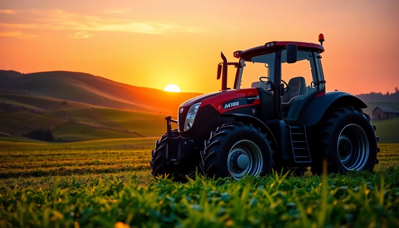AF88 tractor operating efficiently in a sunset-lit agricultural field, showcasing modern design.