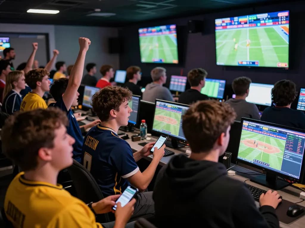 VN789 bettors analyzing sports odds and placing bets in a lively betting venue filled with fans.