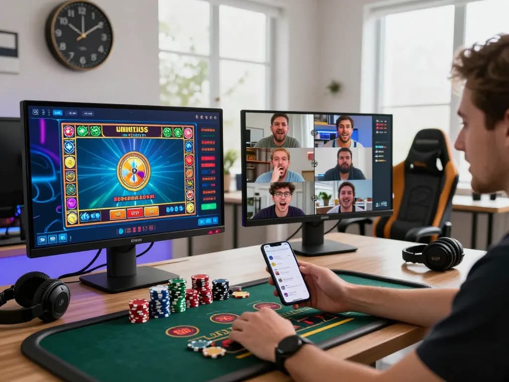 Player engaging with ligasedayu live casino, colorful gaming screen, modern home office setting