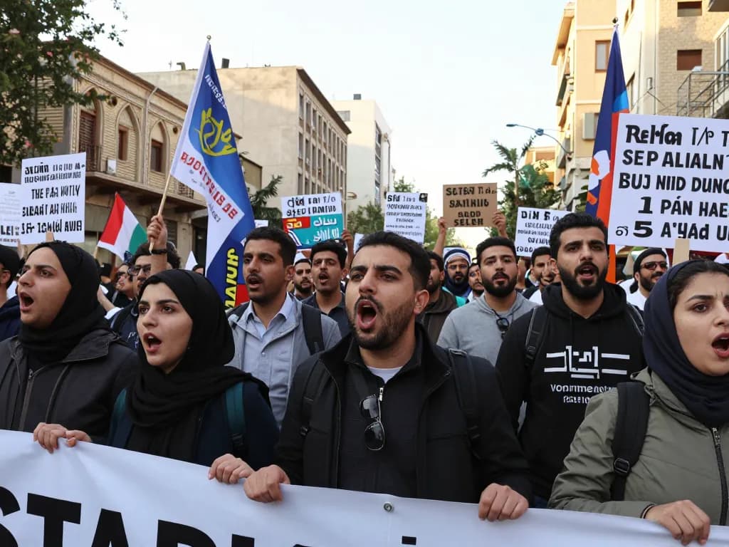 Tehran protests gathering with diverse protesters holding banners for social justice amidst urban backdrop.