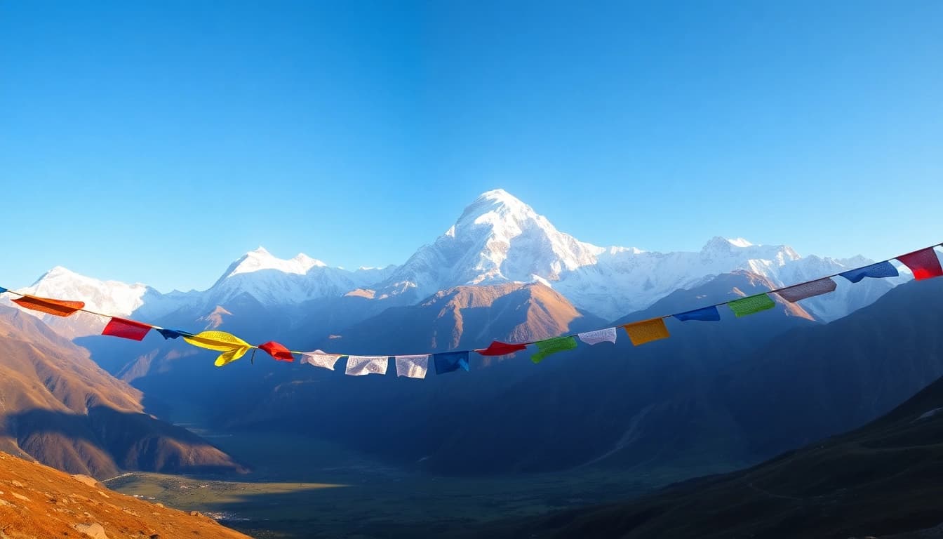 Experience the stunning landscapes of Manaslu Circuit trekking, showcasing snow-capped mountains and vibrant prayer flags.