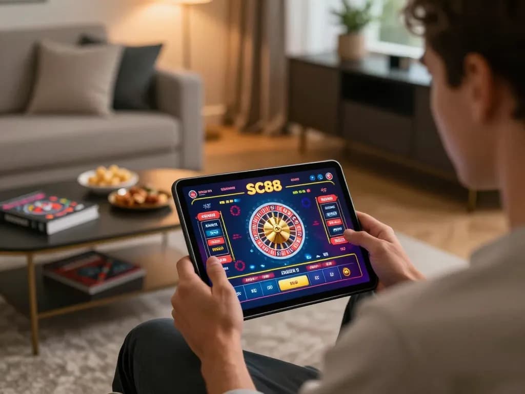 Player enjoying SC88's roulette game on a tablet while relaxing at home, showcasing engaging online gaming atmosphere.
